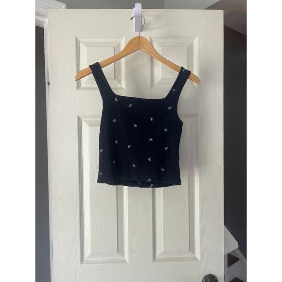 Old Navy Women’s Ribbed Cropped Tank Top Navy Blue Floral Embroidered Size M - Picture 3 of 4